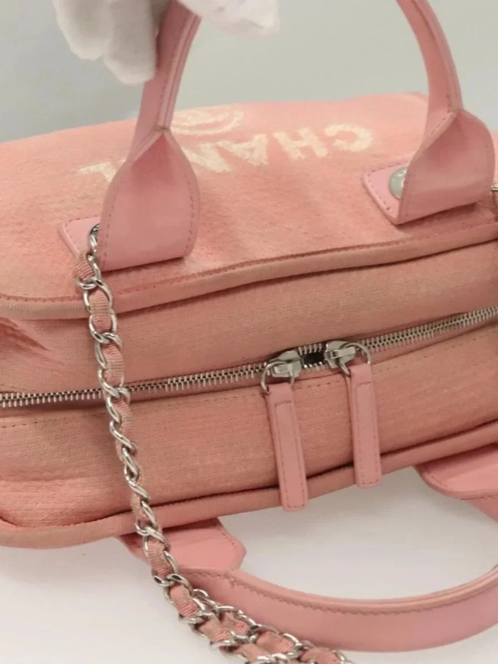 CHANEL Hand Bag Canvas Leather 2way Pink Silver CC Auth BA2930